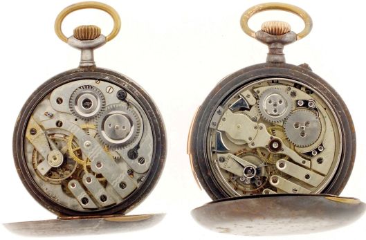 Pocket watches- 2 (Two): Both Swiss, the first a quarter repeater, 19 ligne, 16 jewel nickel movement, roman numeral white enamel dial, gun metal case, the other a triple calendar with moon phase display, 19 ligne, 15 jewel nickel movement, white enamel dial, gun metal case