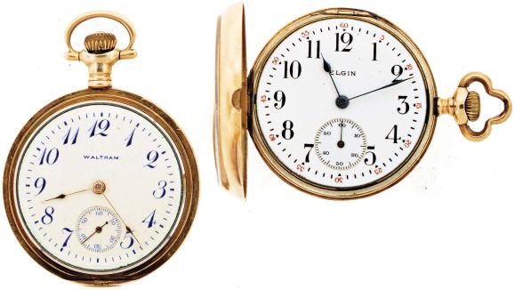 Pocket watches- 2 (Two): Both 0 size, the first a Waltham, 15 jewel nickel movement, Arabic numeral white enamel dial, 14 karat gold open face case, serial #17382710, the other an Elgin, 15 jewel gilt movement, Arabic numeral white enamel dial, 14 karat gold open face case, serial #17440774, 61.4g TW