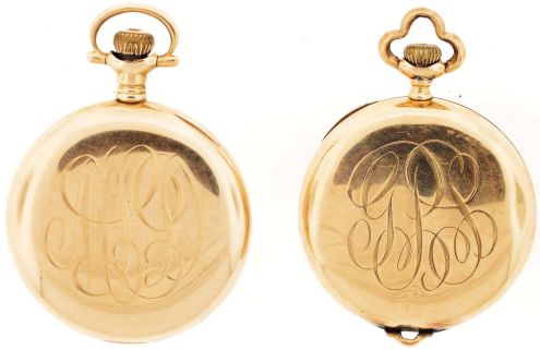 Pocket watches- 2 (Two): Both 0 size, the first a Waltham, 15 jewel nickel movement, Arabic numeral white enamel dial, 14 karat gold open face case, serial #17382710, the other an Elgin, 15 jewel gilt movement, Arabic numeral white enamel dial, 14 karat gold open face case, serial #17440774, 61.4g TW