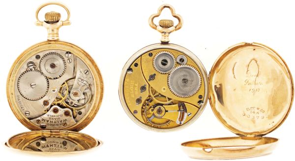 Pocket watches- 2 (Two): Both 0 size, the first a Waltham, 15 jewel nickel movement, Arabic numeral white enamel dial, 14 karat gold open face case, serial #17382710, the other an Elgin, 15 jewel gilt movement, Arabic numeral white enamel dial, 14 karat gold open face case, serial #17440774, 61.4g TW