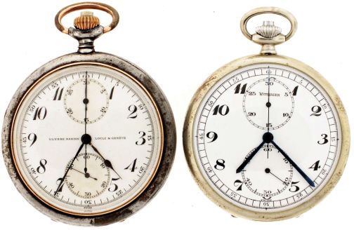 Pocket watches- 2 (Two): Both pocket chronographs with 30 minute registers, the first by Ulysse Nardin, 15 jewel nickel movement, Arabic numeral white enamel dial, gun metal open face case, the other a LeCoultre- Wittnauer, 17 jewel nickel movement, Arabic numeral white enamel dial, nickel open face case