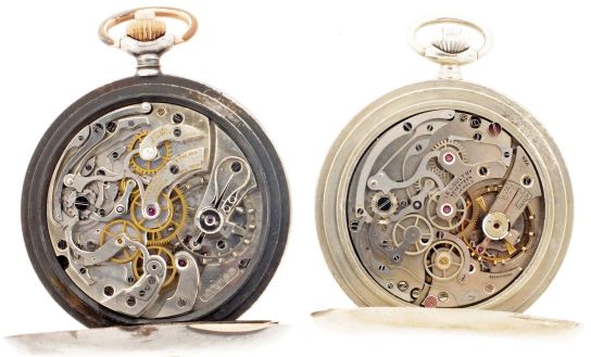 Pocket watches- 2 (Two): Both pocket chronographs with 30 minute registers, the first by Ulysse Nardin, 15 jewel nickel movement, Arabic numeral white enamel dial, gun metal open face case, the other a LeCoultre- Wittnauer, 17 jewel nickel movement, Arabic numeral white enamel dial, nickel open face case