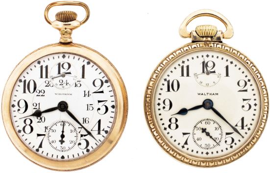 Pocket watches- 2 (Two): Both 23 jewel Waltham "Vanguard" wind indicators, damascened nickel movements, one with Arabic numeral white enamel dial, the other with Arabic numeral painted metal dial, both with gold filled open face cases, serial #20013258, 27538882