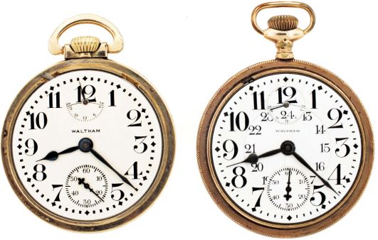 Pocket watches- 2 (Two): Both 23 jewel Waltham "Vanguard" wind indicators, damascened nickel movements, one with Arabic numeral white enamel dial, the other with Arabic numeral painted metal dial, both with gold filled open face cases, serial #20013258, 27538882
