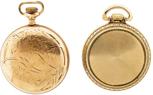 Pocket watches- 2 (Two): Both 23 jewel Waltham "Vanguard" wind indicators, damascened nickel movements, one with Arabic numeral white enamel dial, the other with Arabic numeral painted metal dial, both with gold filled open face cases, serial #20013258, 27538882