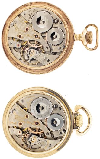 Pocket watches- 2 (Two): Both 23 jewel Waltham "Vanguard" wind indicators, damascened nickel movements, one with Arabic numeral white enamel dial, the other with Arabic numeral painted metal dial, both with gold filled open face cases, serial #20013258, 27538882