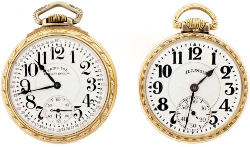 Pocket watches- 2 (Two): The first a Hamilton "992B", 21 jewel damascened nickel movement, Montgomery Arabic numeral white enamel dial marked "Hamilton Railway Special", gold filled open face case, serial #C54638, the other an Illinois grade 801, 21 jewel damascened nickel movement, Arabic numeral white enamel dial, gold filled open face case, serial #4363264