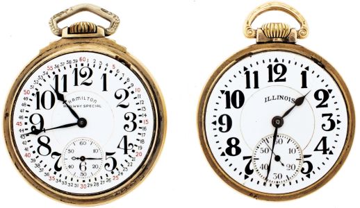 Pocket watches- 2 (Two): The first a Hamilton "992B", 21 jewel damascened nickel movement, Montgomery Arabic numeral white enamel dial marked "Hamilton Railway Special", gold filled open face case, serial #C54638, the other an Illinois grade 801, 21 jewel damascened nickel movement, Arabic numeral white enamel dial, gold filled open face case, serial #4363264