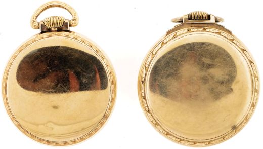 Pocket watches- 2 (Two): The first a Hamilton "992B", 21 jewel damascened nickel movement, Montgomery Arabic numeral white enamel dial marked "Hamilton Railway Special", gold filled open face case, serial #C54638, the other an Illinois grade 801, 21 jewel damascened nickel movement, Arabic numeral white enamel dial, gold filled open face case, serial #4363264