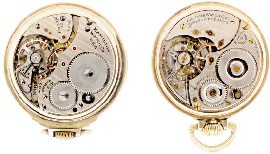 Pocket watches- 2 (Two): The first a Hamilton "992B", 21 jewel damascened nickel movement, Montgomery Arabic numeral white enamel dial marked "Hamilton Railway Special", gold filled open face case, serial #C54638, the other an Illinois grade 801, 21 jewel damascened nickel movement, Arabic numeral white enamel dial, gold filled open face case, serial #4363264