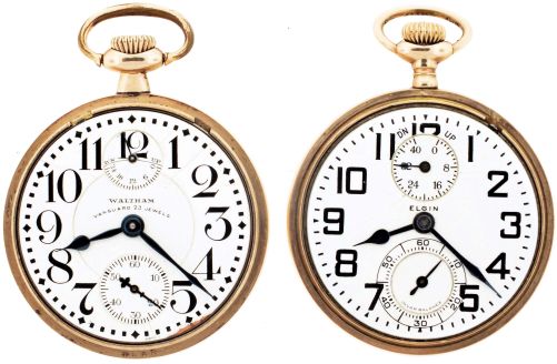 Pocket watches- 2 (Two): Both 16 size with wind indicators, the first a Waltham "Vanguard", 23 jewel damascened nickel movement, Arabic numeral white enamel dial, gold filled open face case, serial #26615705, the other an Elgin "B.W. Raymond", 21 jewel damascened nickel movement, Arabic numeral white enamel dial, gold filled open face case, serial #25916966