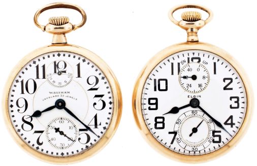 Pocket watches- 2 (Two): Both 16 size with wind indicators, the first a Waltham "Vanguard", 23 jewel damascened nickel movement, Arabic numeral white enamel dial, gold filled open face case, serial #26615705, the other an Elgin "B.W. Raymond", 21 jewel damascened nickel movement, Arabic numeral white enamel dial, gold filled open face case, serial #25916966