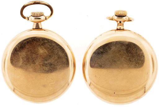 Pocket watches- 2 (Two): Both 16 size with wind indicators, the first a Waltham "Vanguard", 23 jewel damascened nickel movement, Arabic numeral white enamel dial, gold filled open face case, serial #26615705, the other an Elgin "B.W. Raymond", 21 jewel damascened nickel movement, Arabic numeral white enamel dial, gold filled open face case, serial #25916966
