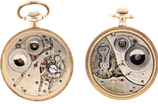 Pocket watches- 2 (Two): Both 16 size with wind indicators, the first a Waltham "Vanguard", 23 jewel damascened nickel movement, Arabic numeral white enamel dial, gold filled open face case, serial #26615705, the other an Elgin "B.W. Raymond", 21 jewel damascened nickel movement, Arabic numeral white enamel dial, gold filled open face case, serial #25916966