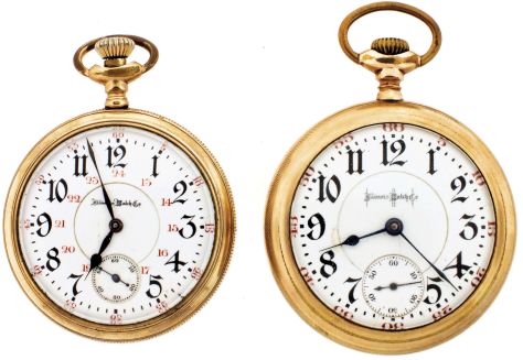 Pocket watches- 2 (Two): Both Illinois, the first a 16 size, Getty model "Sangamo", 23 jewel damascened nickel movement, Canadian Arabic numeral 24 hour white enamel dial, gold filled open face case, serial #1851088, the other an 18 size "Bunn", 19 jewel damascened nickel movement, Arabic numeral white enamel dial, gold filled open face case, serial #2029474