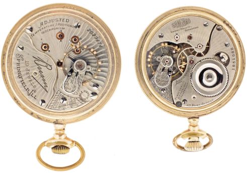 Pocket watches- 2 (Two): Both Illinois, the first a 16 size, Getty model "Sangamo", 23 jewel damascened nickel movement, Canadian Arabic numeral 24 hour white enamel dial, gold filled open face case, serial #1851088, the other an 18 size "Bunn", 19 jewel damascened nickel movement, Arabic numeral white enamel dial, gold filled open face case, serial #2029474