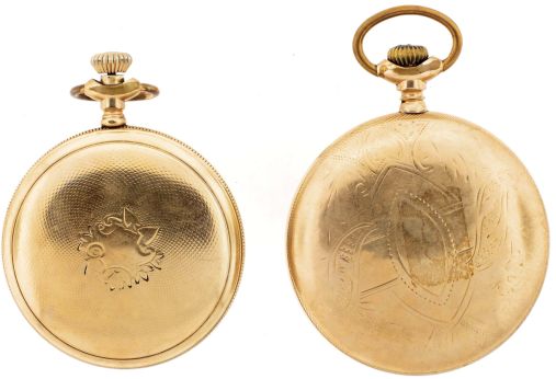 Pocket watches- 2 (Two): Both Illinois, the first a 16 size, Getty model "Sangamo", 23 jewel damascened nickel movement, Canadian Arabic numeral 24 hour white enamel dial, gold filled open face case, serial #1851088, the other an 18 size "Bunn", 19 jewel damascened nickel movement, Arabic numeral white enamel dial, gold filled open face case, serial #2029474