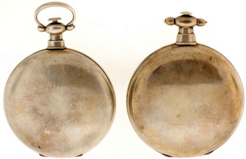 Pocket watches- 2 (Two): Swiss, for the Chinese market, both with 15 jewel, gilt "Chinese calibre" movements with lever escapements, Roman numeral white enamel dials, and silver open face cases, one measuring 55mm, the other 57mm