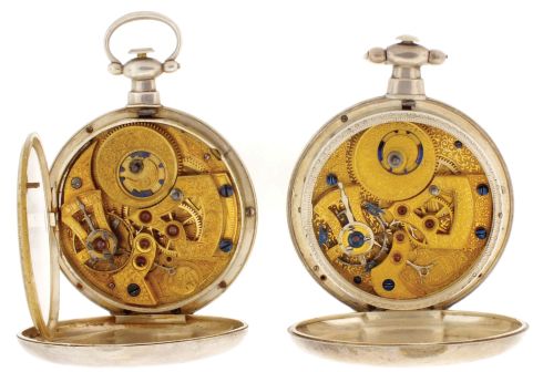 Pocket watches- 2 (Two): Swiss, for the Chinese market, both with 15 jewel, gilt "Chinese calibre" movements with lever escapements, Roman numeral white enamel dials, and silver open face cases, one measuring 55mm, the other 57mm