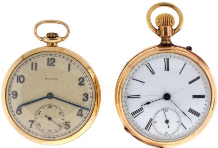Pocket watches- 2 (Two): The first a Rolex, 15 jewel nickel movement, Arabic numeral metal dial, 9 karat yellow gold case, 43mm, 51.4g TW, the other a Longines, 15 jewel nickel movement, Roman numeral white enamel dial, 14 karat rose gold case, 44mm, 68.2g TW