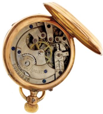 Pocket watches- 2 (Two): The first a Rolex, 15 jewel nickel movement, Arabic numeral metal dial, 9 karat yellow gold case, 43mm, 51.4g TW, the other a Longines, 15 jewel nickel movement, Roman numeral white enamel dial, 14 karat rose gold case, 44mm, 68.2g TW