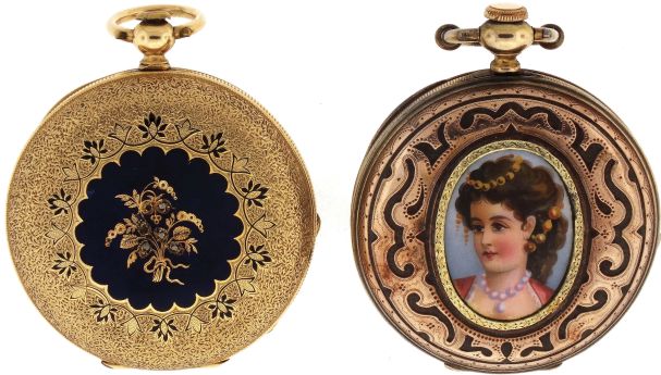 Pocket watches- 2 (Two): Both Swiss, the first signed "Emile Jacot Locle", 15 jewel nickel movement, Roman numeral white enamel dial, 14 karat yellow gold hunting case with engraved and enamelled covers, 40mm, 40.6g TW, the other marked "A. Lafitte Geneva", 15 jewel gilt movement, Roman numeral white enamel dial, silver gilt case with 40mm polychrome enamel portrait of a young woman on the front cover,