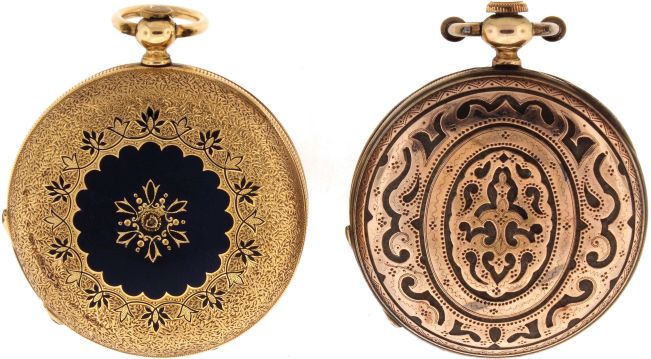 Pocket watches- 2 (Two): Both Swiss, the first signed "Emile Jacot Locle", 15 jewel nickel movement, Roman numeral white enamel dial, 14 karat yellow gold hunting case with engraved and enamelled covers, 40mm, 40.6g TW, the other marked "A. Lafitte Geneva", 15 jewel gilt movement, Roman numeral white enamel dial, silver gilt case with 40mm polychrome enamel portrait of a young woman on the front cover,