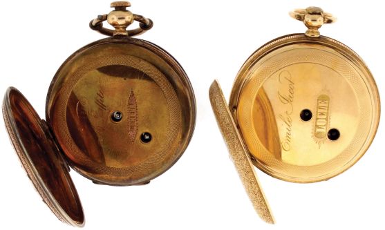 Pocket watches- 2 (Two): Both Swiss, the first signed "Emile Jacot Locle", 15 jewel nickel movement, Roman numeral white enamel dial, 14 karat yellow gold hunting case with engraved and enamelled covers, 40mm, 40.6g TW, the other marked "A. Lafitte Geneva", 15 jewel gilt movement, Roman numeral white enamel dial, silver gilt case with 40mm polychrome enamel portrait of a young woman on the front cover,
