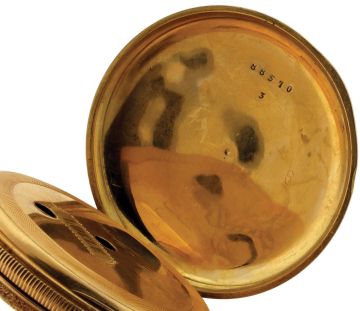 Pocket watches- 2 (Two): Both Swiss, the first signed "Emile Jacot Locle", 15 jewel nickel movement, Roman numeral white enamel dial, 14 karat yellow gold hunting case with engraved and enamelled covers, 40mm, 40.6g TW, the other marked "A. Lafitte Geneva", 15 jewel gilt movement, Roman numeral white enamel dial, silver gilt case with 40mm polychrome enamel portrait of a young woman on the front cover,