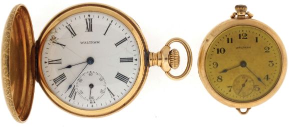 Pocket watches- 2 (Two): The first a 6 size Waltham, 7 jewel nickel movement, Roman numeral white enamel dial, 14 karat yellow gold hunting case, the back with engraved and diamond set star and crescent, serial #10908094, the other a 3/0 size Waltham, 15 jewel nickel movement, Arabic numeral metal dial, 14 karat gold case, serial #22631983