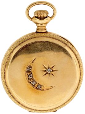 Pocket watches- 2 (Two): The first a 6 size Waltham, 7 jewel nickel movement, Roman numeral white enamel dial, 14 karat yellow gold hunting case, the back with engraved and diamond set star and crescent, serial #10908094, the other a 3/0 size Waltham, 15 jewel nickel movement, Arabic numeral metal dial, 14 karat gold case, serial #22631983