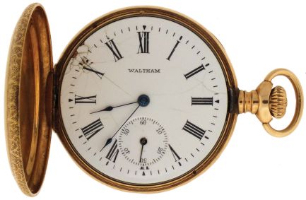 Pocket watches- 2 (Two): The first a 6 size Waltham, 7 jewel nickel movement, Roman numeral white enamel dial, 14 karat yellow gold hunting case, the back with engraved and diamond set star and crescent, serial #10908094, the other a 3/0 size Waltham, 15 jewel nickel movement, Arabic numeral metal dial, 14 karat gold case, serial #22631983