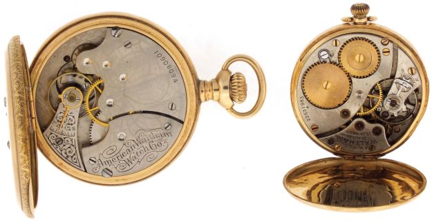 Pocket watches- 2 (Two): The first a 6 size Waltham, 7 jewel nickel movement, Roman numeral white enamel dial, 14 karat yellow gold hunting case, the back with engraved and diamond set star and crescent, serial #10908094, the other a 3/0 size Waltham, 15 jewel nickel movement, Arabic numeral metal dial, 14 karat gold case, serial #22631983
