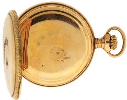 Pocket watches- 2 (Two): The first a 6 size Waltham, 7 jewel nickel movement, Roman numeral white enamel dial, 14 karat yellow gold hunting case, the back with engraved and diamond set star and crescent, serial #10908094, the other a 3/0 size Waltham, 15 jewel nickel movement, Arabic numeral metal dial, 14 karat gold case, serial #22631983