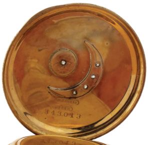 Pocket watches- 2 (Two): The first a 6 size Waltham, 7 jewel nickel movement, Roman numeral white enamel dial, 14 karat yellow gold hunting case, the back with engraved and diamond set star and crescent, serial #10908094, the other a 3/0 size Waltham, 15 jewel nickel movement, Arabic numeral metal dial, 14 karat gold case, serial #22631983