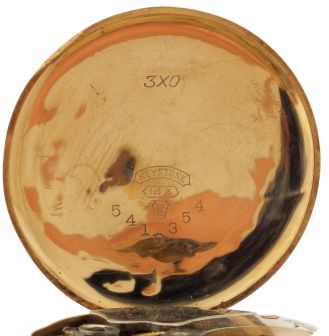 Pocket watches- 2 (Two): The first a 6 size Waltham, 7 jewel nickel movement, Roman numeral white enamel dial, 14 karat yellow gold hunting case, the back with engraved and diamond set star and crescent, serial #10908094, the other a 3/0 size Waltham, 15 jewel nickel movement, Arabic numeral metal dial, 14 karat gold case, serial #22631983
