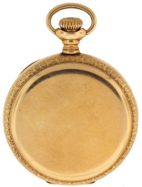 Pocket watches- 2 (Two): The first a 6 size Waltham, 7 jewel nickel movement, Roman numeral white enamel dial, 14 karat yellow gold hunting case, the back with engraved and diamond set star and crescent, serial #10908094, the other a 3/0 size Waltham, 15 jewel nickel movement, Arabic numeral metal dial, 14 karat gold case, serial #22631983