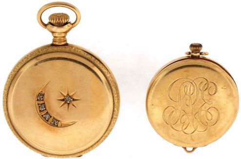Pocket watches- 2 (Two): The first a 6 size Waltham, 7 jewel nickel movement, Roman numeral white enamel dial, 14 karat yellow gold hunting case, the back with engraved and diamond set star and crescent, serial #10908094, the other a 3/0 size Waltham, 15 jewel nickel movement, Arabic numeral metal dial, 14 karat gold case, serial #22631983