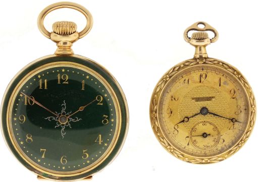 Pocket watches- 2 (Two): The first signed "O. Fresard, Lucerne", 18 jewel nickel movement, Arabic numeral metal dial, 14 karat yellow gold case, the back with blue guilloche enamel set with a cluster of rose cut diamonds, 27mm, the other an 0 size Hampden, 7 jewel nickel movement, Arabic numerals, green enamel dial, 14 karat yellow gold case, the green guilloche enamel back set with gold paillon flowers, 49.5g TW