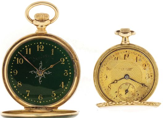Pocket watches- 2 (Two): The first signed "O. Fresard, Lucerne", 18 jewel nickel movement, Arabic numeral metal dial, 14 karat yellow gold case, the back with blue guilloche enamel set with a cluster of rose cut diamonds, 27mm, the other an 0 size Hampden, 7 jewel nickel movement, Arabic numerals, green enamel dial, 14 karat yellow gold case, the green guilloche enamel back set with gold paillon flowers, 49.5g TW