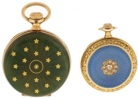 Pocket watches- 2 (Two): The first signed "O. Fresard, Lucerne", 18 jewel nickel movement, Arabic numeral metal dial, 14 karat yellow gold case, the back with blue guilloche enamel set with a cluster of rose cut diamonds, 27mm, the other an 0 size Hampden, 7 jewel nickel movement, Arabic numerals, green enamel dial, 14 karat yellow gold case, the green guilloche enamel back set with gold paillon flowers, 49.5g TW