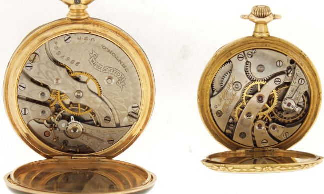 Pocket watches- 2 (Two): The first signed "O. Fresard, Lucerne", 18 jewel nickel movement, Arabic numeral metal dial, 14 karat yellow gold case, the back with blue guilloche enamel set with a cluster of rose cut diamonds, 27mm, the other an 0 size Hampden, 7 jewel nickel movement, Arabic numerals, green enamel dial, 14 karat yellow gold case, the green guilloche enamel back set with gold paillon flowers, 49.5g TW