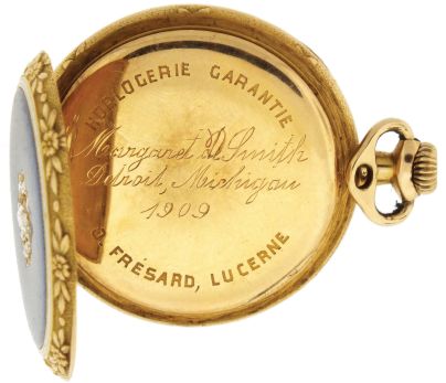 Pocket watches- 2 (Two): The first signed "O. Fresard, Lucerne", 18 jewel nickel movement, Arabic numeral metal dial, 14 karat yellow gold case, the back with blue guilloche enamel set with a cluster of rose cut diamonds, 27mm, the other an 0 size Hampden, 7 jewel nickel movement, Arabic numerals, green enamel dial, 14 karat yellow gold case, the green guilloche enamel back set with gold paillon flowers, 49.5g TW