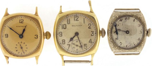 Wrist watches- 3 (Three): All 14 karat gold, including two Waltham with 15 jewel nickel movements, and Arabic numeral metal dials, the other Swiss, 15 jewel nickel movement, Arabic numeral metal dial, 59.3g TW