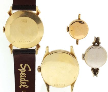 Wrist watches- 4 (Four): All 14 karat gold, the first a Benrus, 17 jewel nickel movement, Arabic numeral and arrow marker metal dial, 28mm, the next a Lord Elgin, 23 jewel nickel movement, Arabic numeral metal dial, 28mm, the next a Lady Elgin, 23 jewel nickel movement, Arabic numeral and arrow marker metal dial, 17mm, and a lady