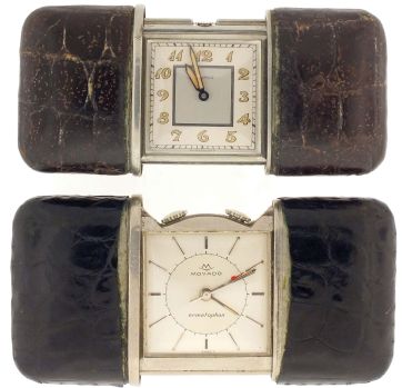 Pocket watches- 2 (Two): The first a Movado "Ermetophon" purse watch with alarm, 15 jewel nickel movement, baton marker metal dial, crocodile covered case, the other a Movado "Ermeto" purse watch, 15 jewel nickel movement, Arabic numeral metal dial, crocodile covered case