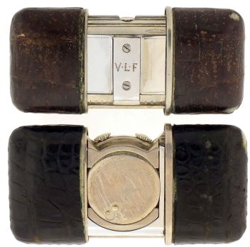 Pocket watches- 2 (Two): The first a Movado "Ermetophon" purse watch with alarm, 15 jewel nickel movement, baton marker metal dial, crocodile covered case, the other a Movado "Ermeto" purse watch, 15 jewel nickel movement, Arabic numeral metal dial, crocodile covered case