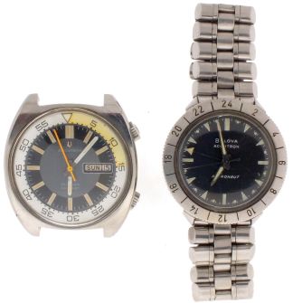 Wrist watches- 2 (Two): Both Bulova Accutron, the first an "Astronaut", cal. 214 movement, luminous arrow and baton marker black dial, stainless steel case and bracelet, 37mm, the other a "Deep Sea", cal. 2182 movement, baton marker dial with day/ date display at 3:00, stainless steel case and bracelet, 40mm x 44.5mm