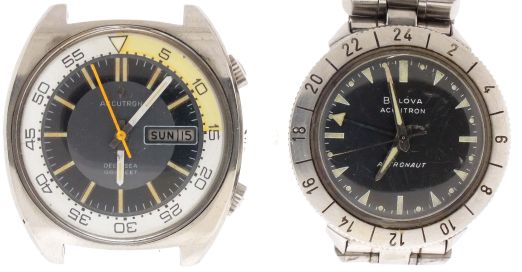 Wrist watches- 2 (Two): Both Bulova Accutron, the first an "Astronaut", cal. 214 movement, luminous arrow and baton marker black dial, stainless steel case and bracelet, 37mm, the other a "Deep Sea", cal. 2182 movement, baton marker dial with day/ date display at 3:00, stainless steel case and bracelet, 40mm x 44.5mm