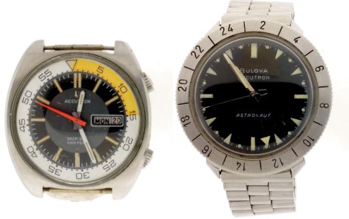 Wrist watches- 2 (Two): Both Bulova Accutron, the first an "Astronaut", cal. 214 movement, luminous arrow and baton marker black dial, stainless steel case and bracelet, 37mm, the other a "Deep Sea", cal. 2182 movement, baton marker dial with day/ date display at 3:00, stainless steel case and bracelet, 40mm x 44.5mm